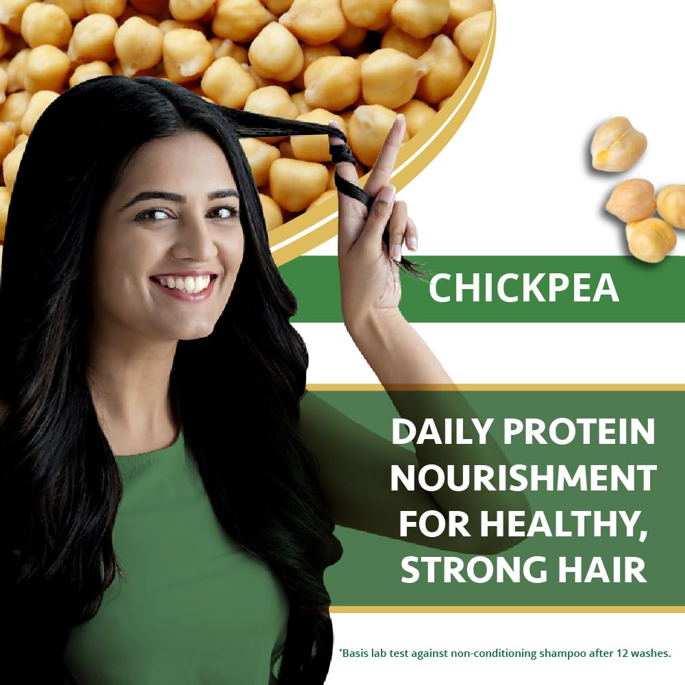 Woman with long black hair holding a strand, with chickpeas and text about daily protein for healthy hair.