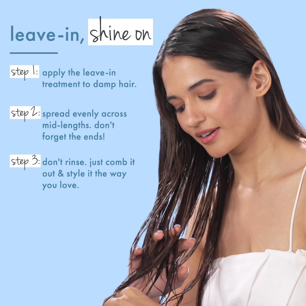 Woman applying leave-in hair treatment with text instructions on a blue background