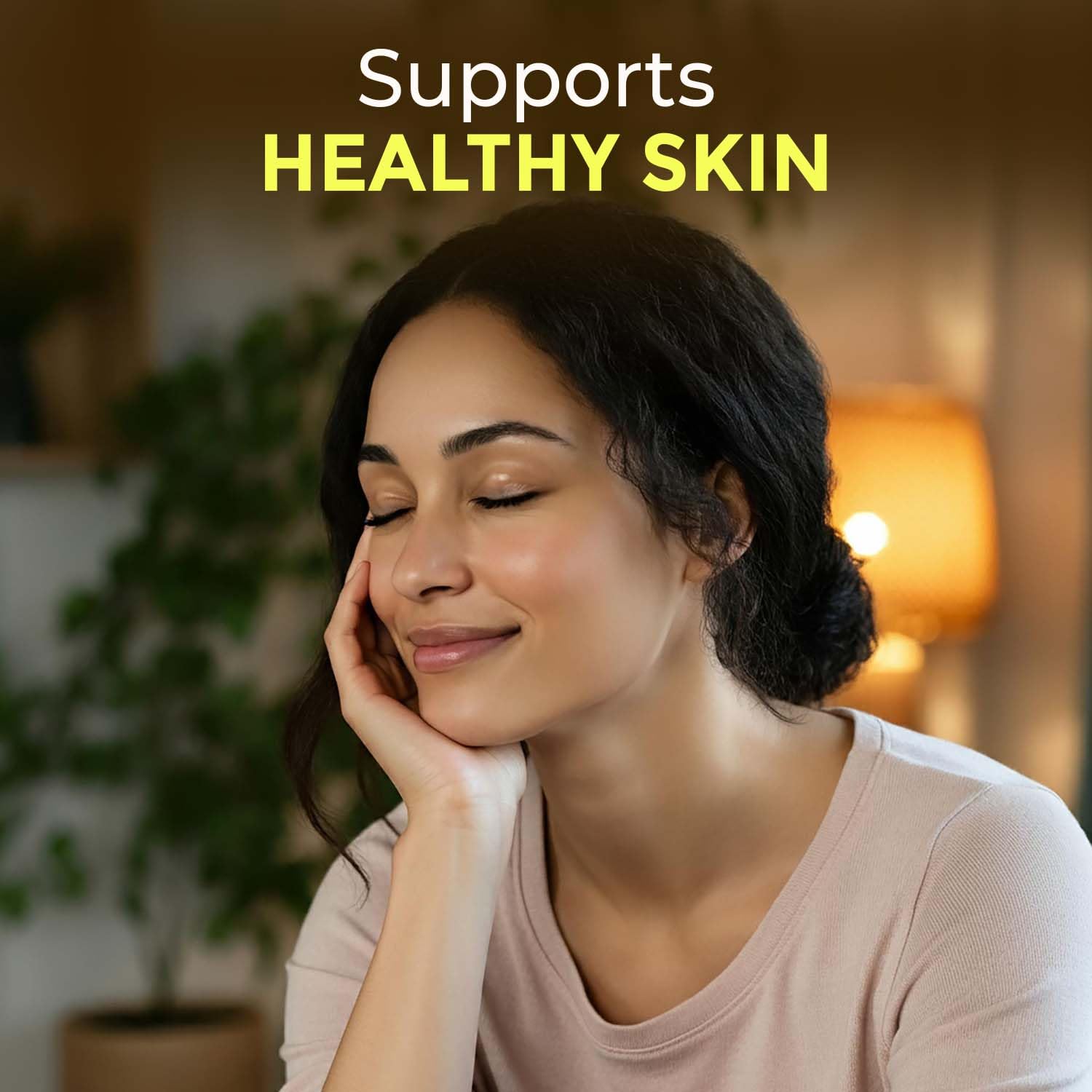 Woman with healthy skin resting her head on her hand, with text 'Supports Healthy Skin' above.