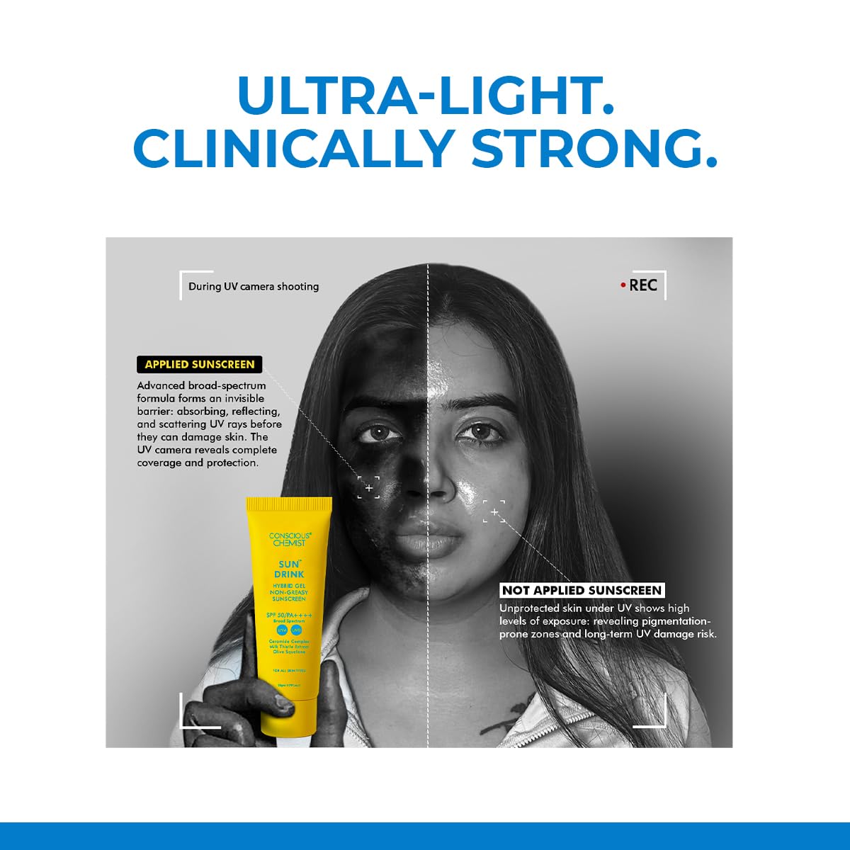 Advertisement for a sunscreen product showing a before-and-after effect on skin.