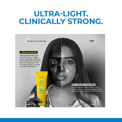 Advertisement for a sunscreen product showing a before-and-after effect on skin.