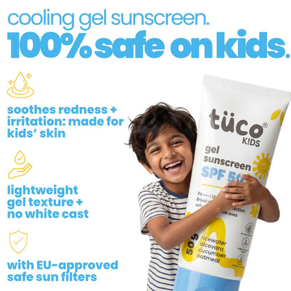 Child holding a tube of tüco Kids sunscreen with product features highlighted.