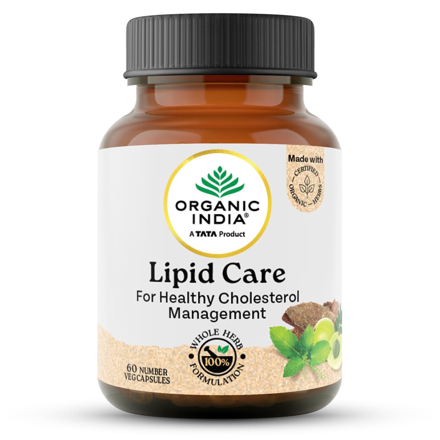 Bottle of Organic India Lipid Care supplement on a white background