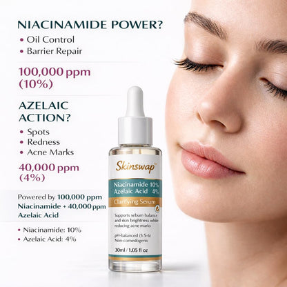 Skincare serum bottle with product details and a close-up of a woman's face.