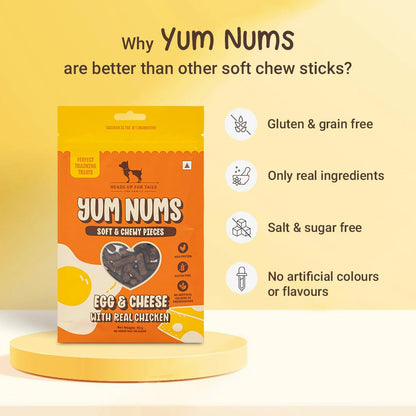 Yum Nums by HUFT Soft & Chewy Sticks - 70gm | Egg & Cheese with Chicken | Healthy Dog Treats | High-Protein, Gluten & Grain-Free | No Artificial Colors, Salt & Sugar-Free