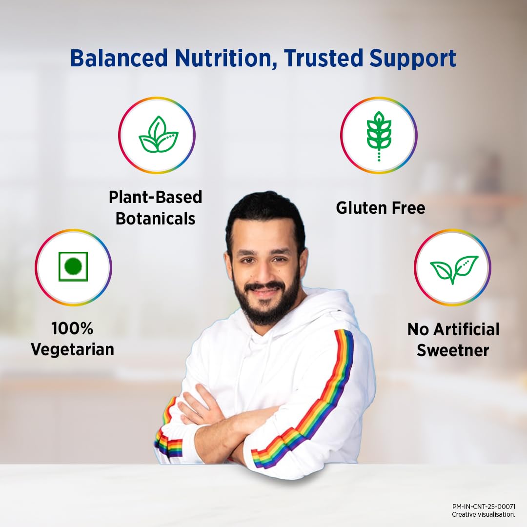 Man wearing a white hoodie with rainbow sleeves, surrounded by icons and text about balanced nutrition and product features.