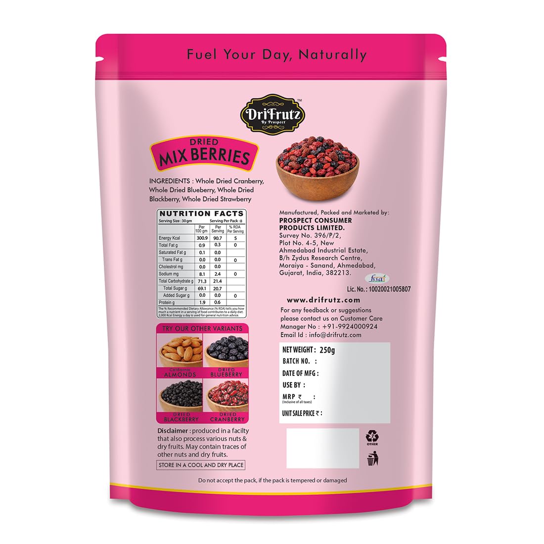 DRIFRUTZ Dried Mix Berries (250 g) | Black Blueberry and Cranberry Blend | Suitable for Snacking Cereals Baking Trail Mix and Meal Preparation | Ready to Use | Resealable Pack