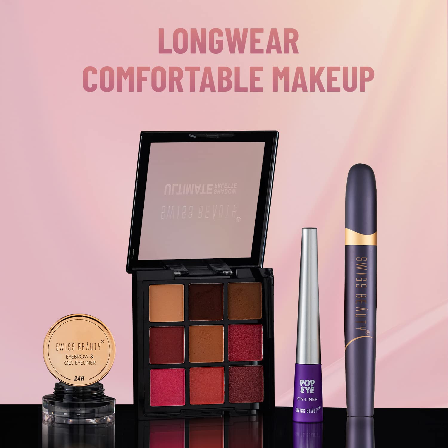 Makeup products including a palette, mascara, and eyeliner with 'Longwear Comfortable Makeup' text on a pink background.