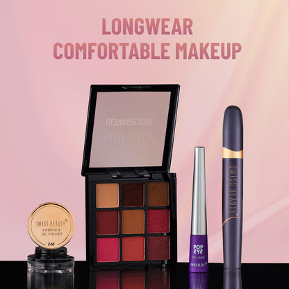 Makeup products including a palette, mascara, and eyeliner with 'Longwear Comfortable Makeup' text on a pink background.