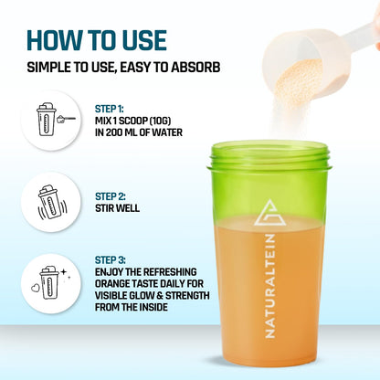 Shaker cup with orange liquid and text on how to use a supplement, featuring the brand 'NATURALTEIN'.