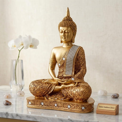 Global Grabbers New 25 Centimetre Meditating Sitting Buddha Statue showpiece Idol Home Decor Items for Living Room and Gifts (Golden2)