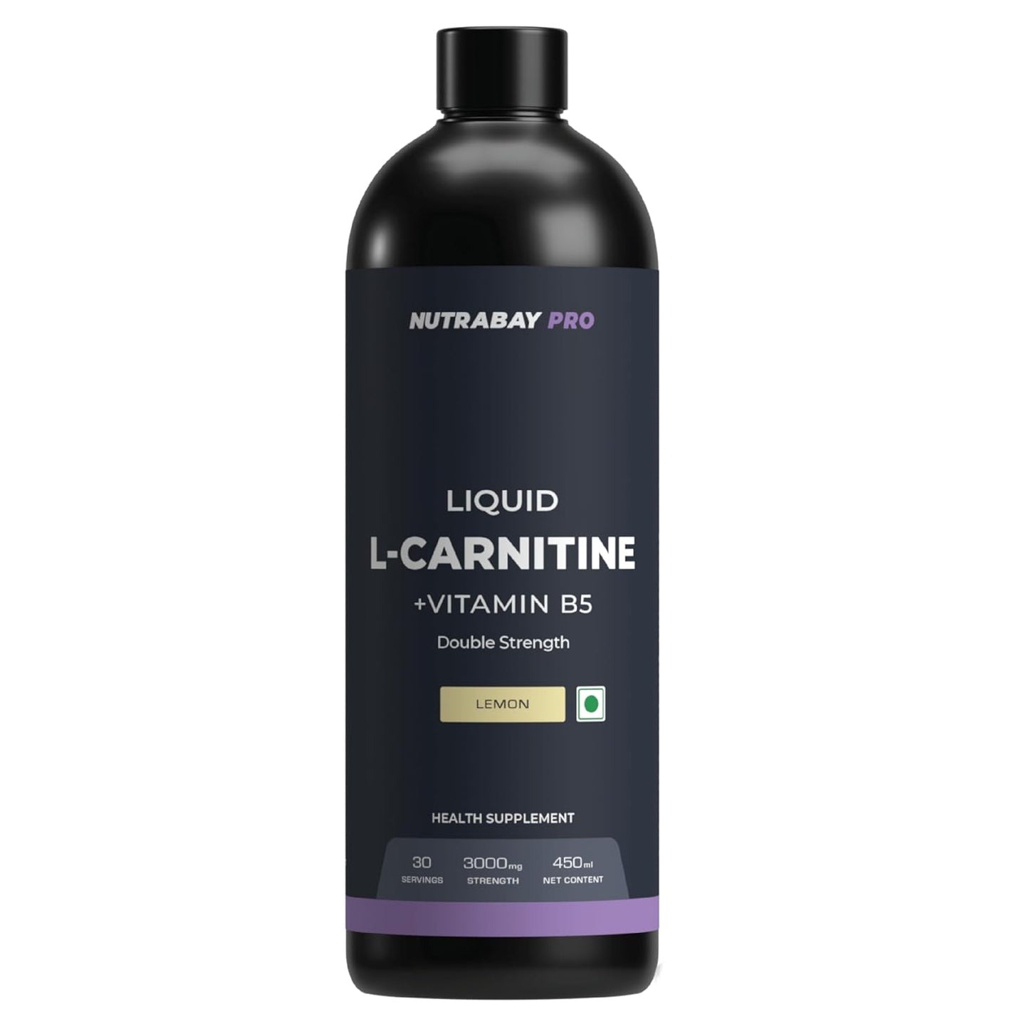 Black bottle of Nutrabay Pro Liquid L-Carnitine + Vitamin B5 on a white background