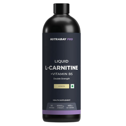 Black bottle of Nutrabay Pro Liquid L-Carnitine + Vitamin B5 on a white background