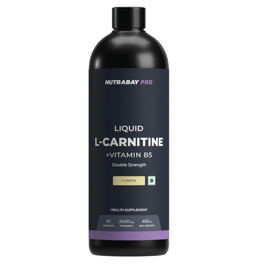 Black bottle of Nutrabay Pro Liquid L-Carnitine + Vitamin B5 on a white background