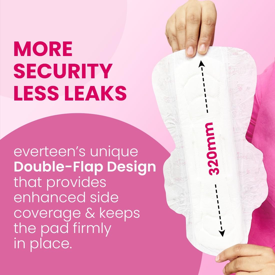 Hand holding a sanitary pad with text about security and leaks on a pink background