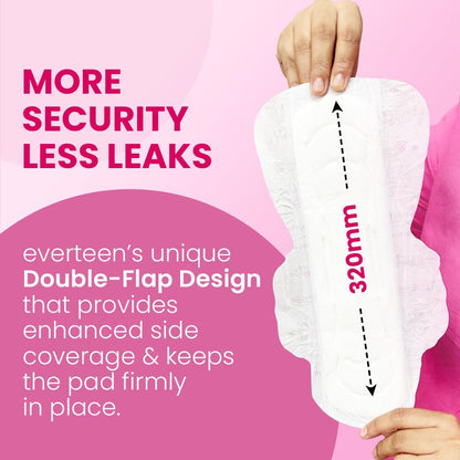 Hand holding a sanitary pad with text about security and leaks on a pink background