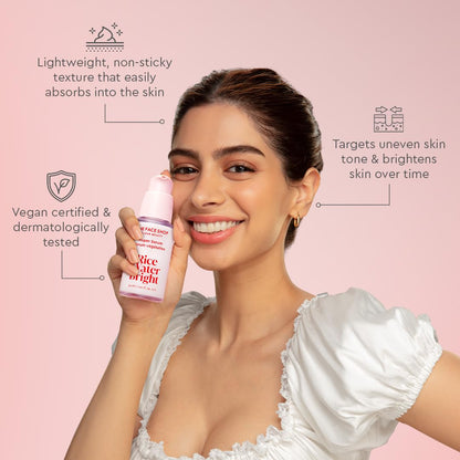 Woman holding a bottle of skincare product with text on a pink background