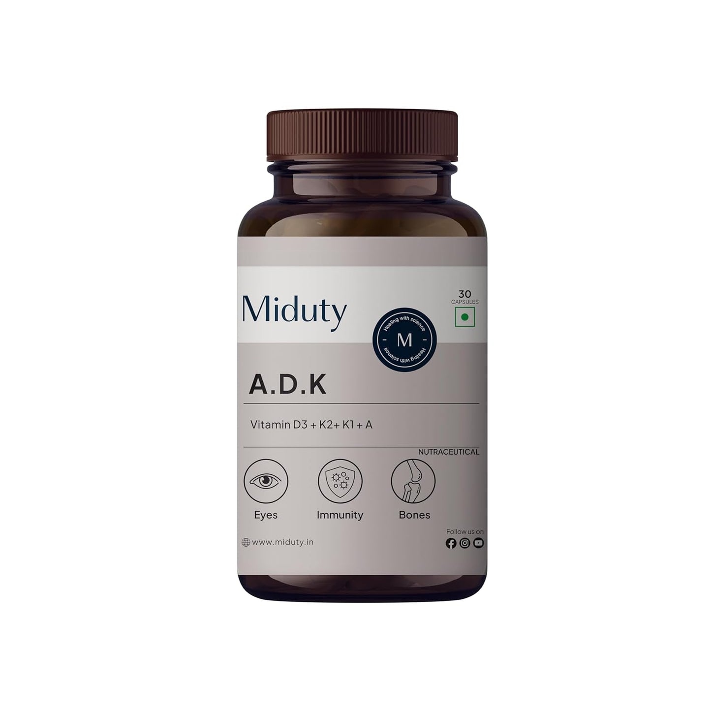 Miduty Vitamin ADK Multivitamin Contains Vitamin A - D3 - K1 - K2 Immunity Booster, Bone Strength, Healthy Heart Vitamin ADK Supplement For Men and Women - 30 Capsules