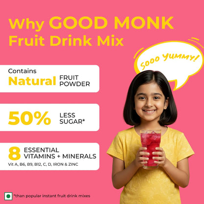 Good Monk Fruit Drink Mix (Natural Mixed Berries Powder), 50% Less Sugar with 8 Vitamins & Minerals (Vitamin B12, C, D, Iron & more) | Tasty & Healthy Mix for Hydration, Energy, Immunity, 10 Serves