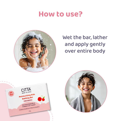 CITTA Bathing Bar for Babies & Kids | Soap-Free, No Tears | Dermatologist Approved pH Balanced Wash for Sensitive Skin | Olive Oil & Vitamin E for Soft & Glowing Skin | 75g |
