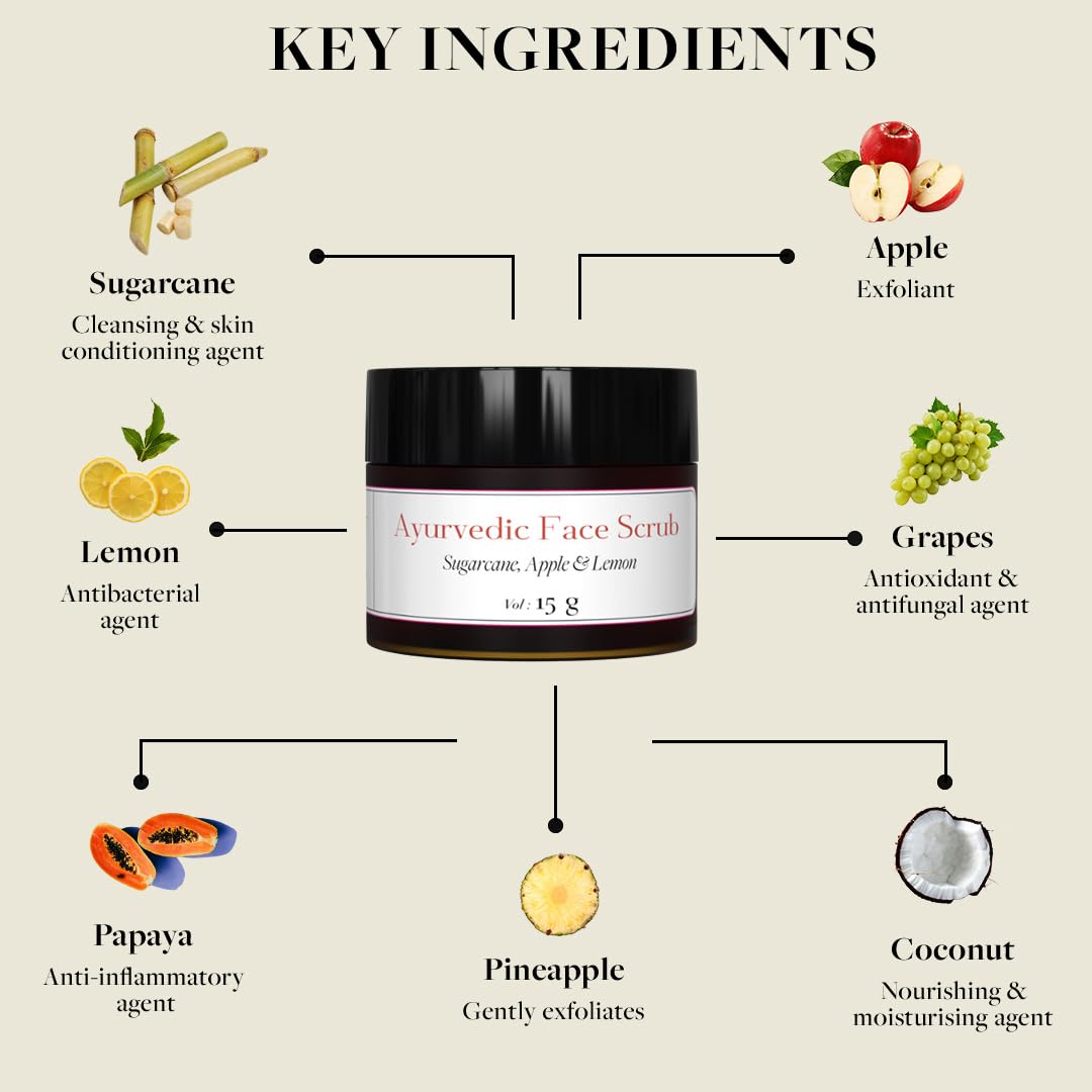 Sadhev Ayurvedic Face Scrub with Sugarcane, Apple, and Lemon (15g) For Removeing Dead Skin, Reduces Blackhead and Whitehead Formation - Pack of 1