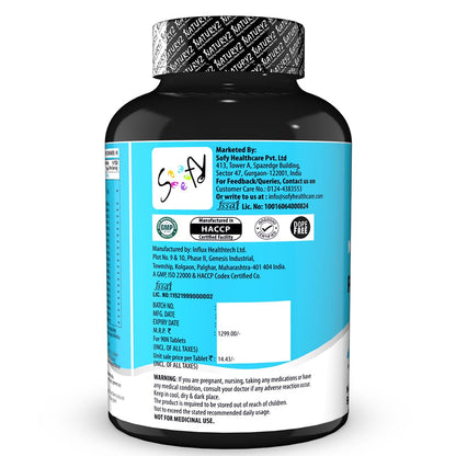 Supplement bottle with blue label and black cap on a white background