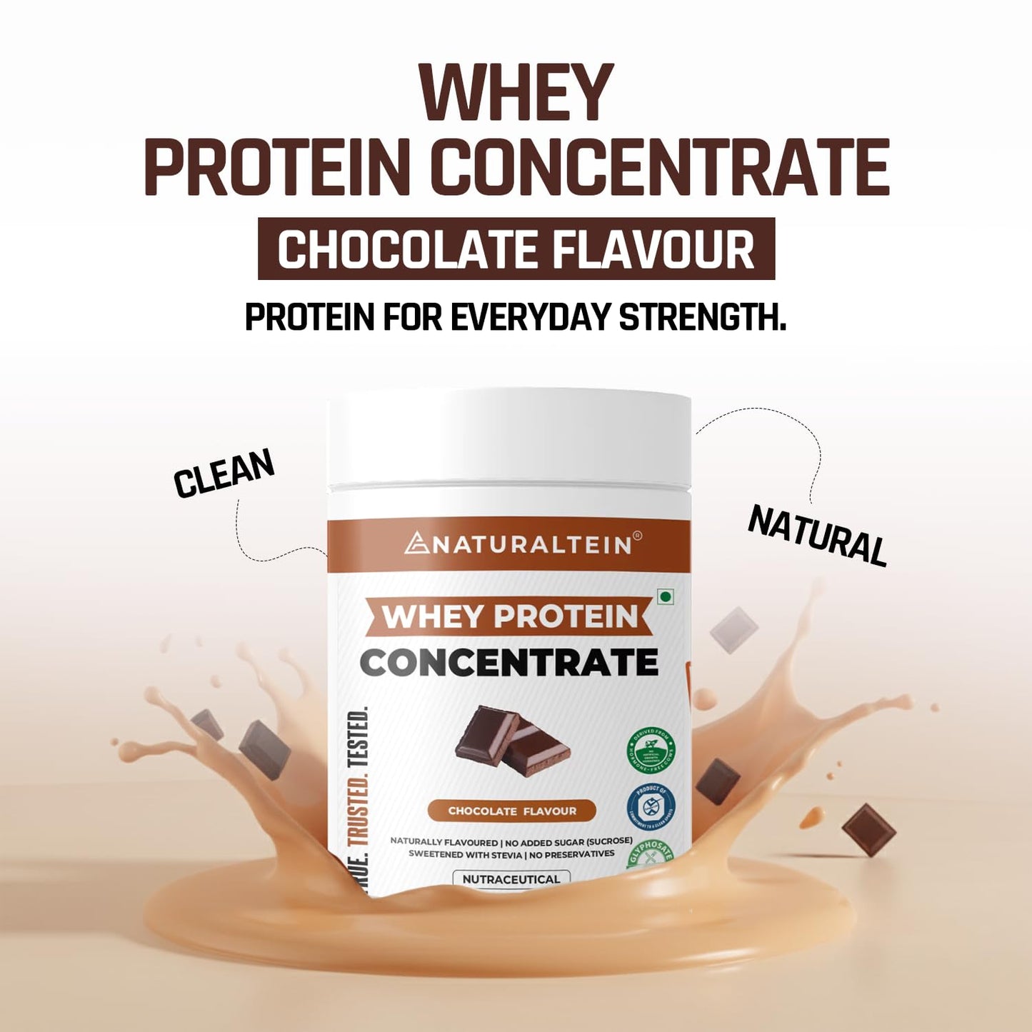 Whey protein concentrate container with chocolate flavor on a white background