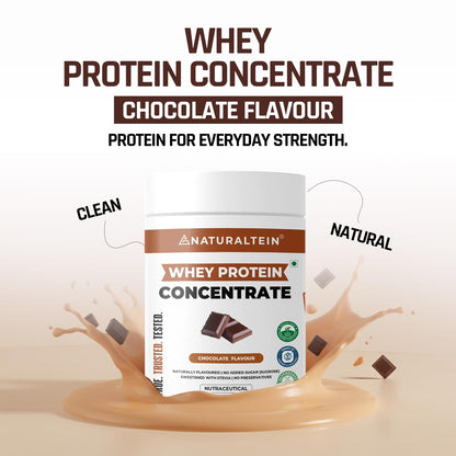 Whey protein concentrate container with chocolate flavor on a white background