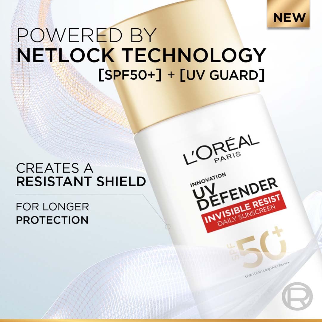 L'Oreal UV Defender sunscreen bottle with text about Netlock Technology on a light blue background