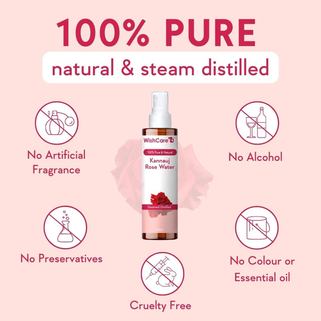 WishCare Kannada Rose Water bottle with purity features on a pink background