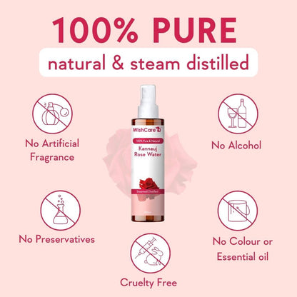 WishCare Kannada Rose Water bottle with purity features on a pink background