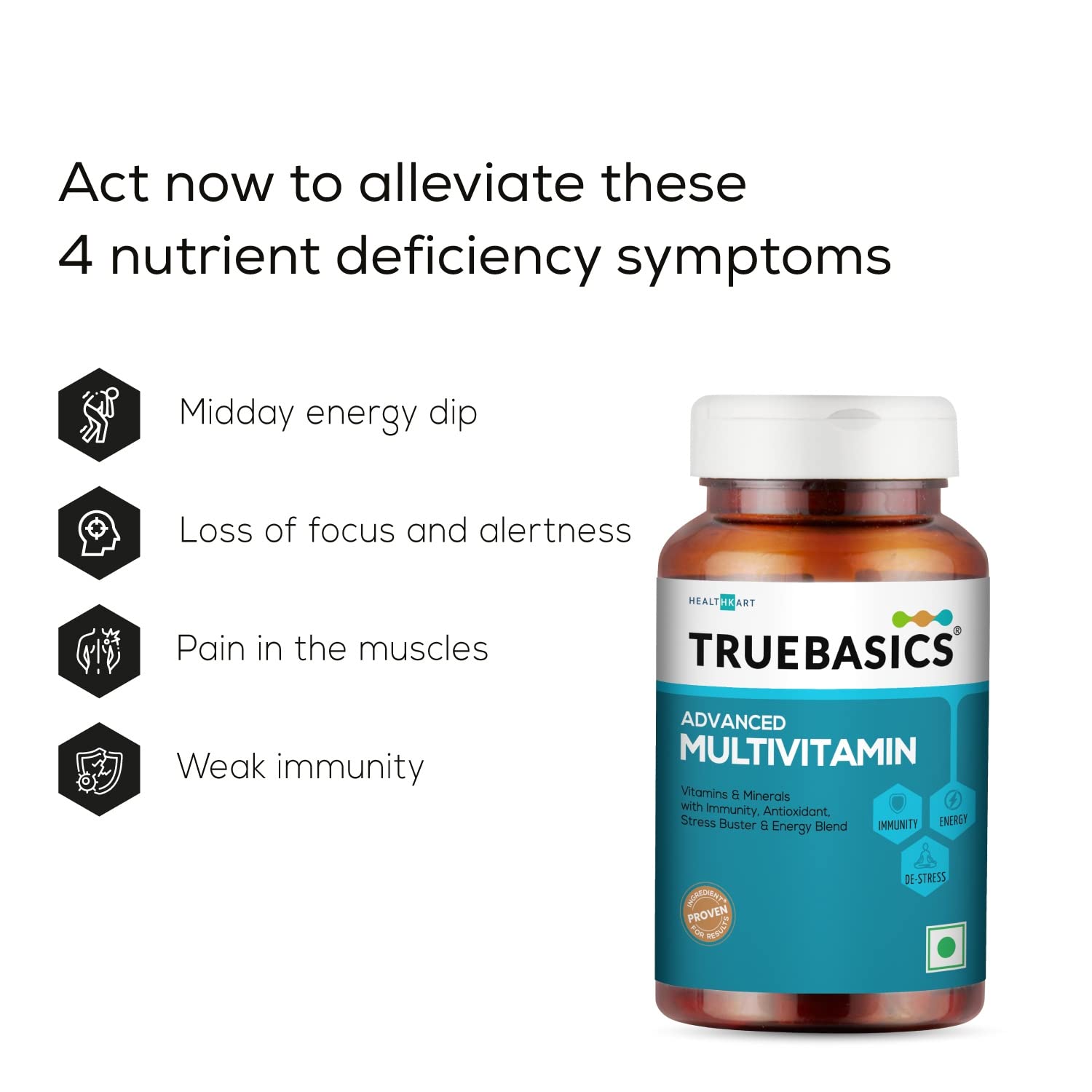 TrueBasics Advanced Multivitamin bottle with symptom alleviation information on a white background