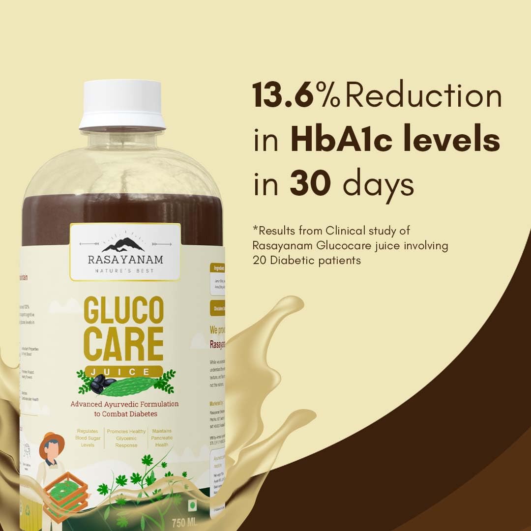 Bottle of Rasaynam Gluco Care Juice with text on a beige background