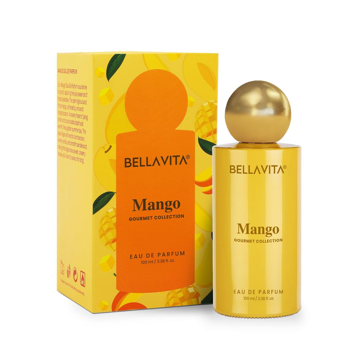 Bellavita Mango Eau de Parfum bottle and packaging on a white background