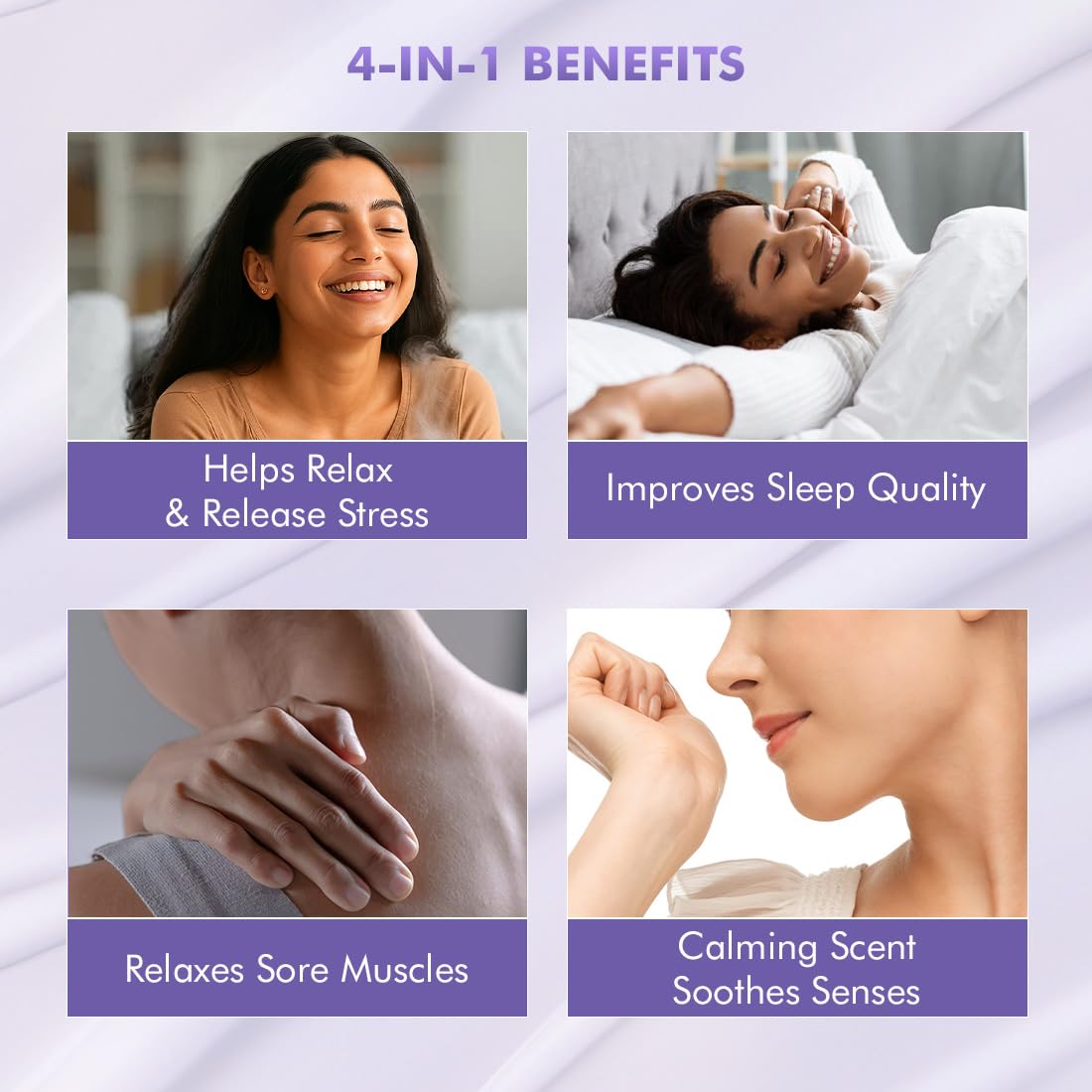 Product advertisement with four benefits listed, including relaxation, sleep improvement, muscle relaxation, and a calming scent.
