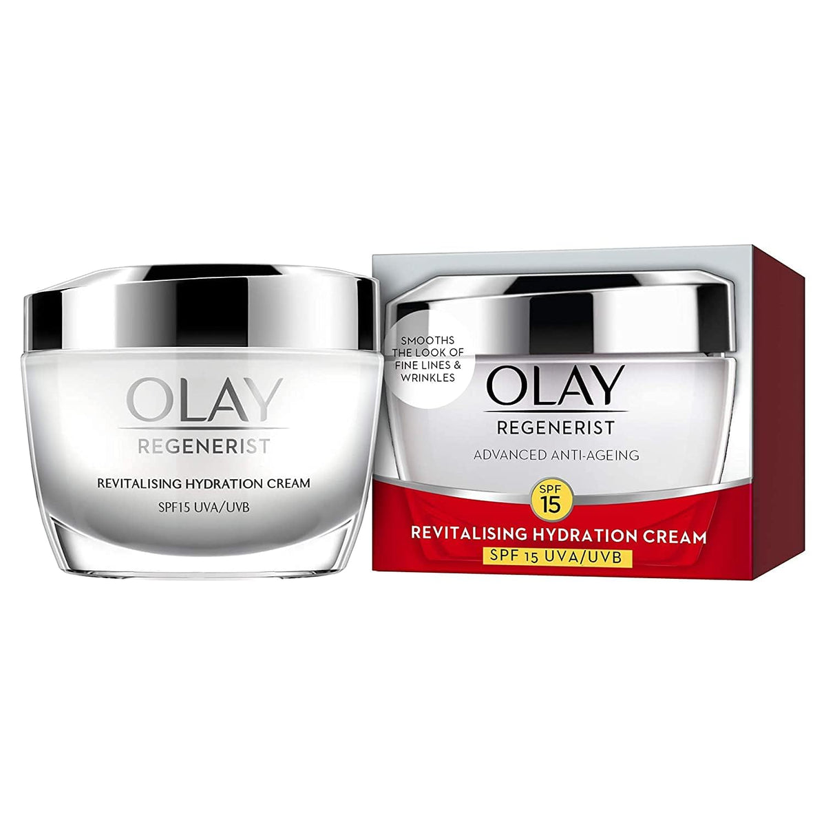 Olay Regenerist cream jar and packaging on a white background