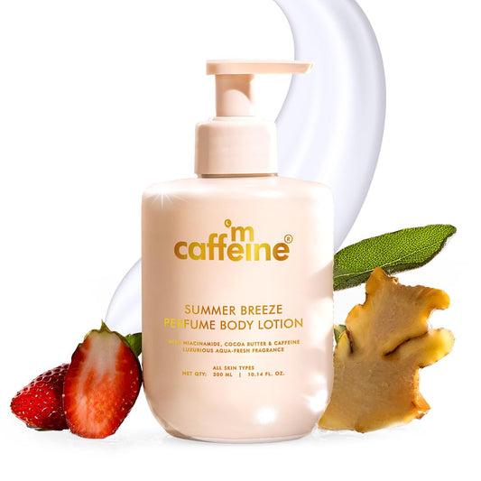 Caffeine Summer Breeze perfume body lotion with strawberry, leaf, and ginger elements on a white background