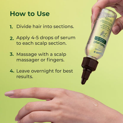 Hair serum bottle with usage instructions on a green background