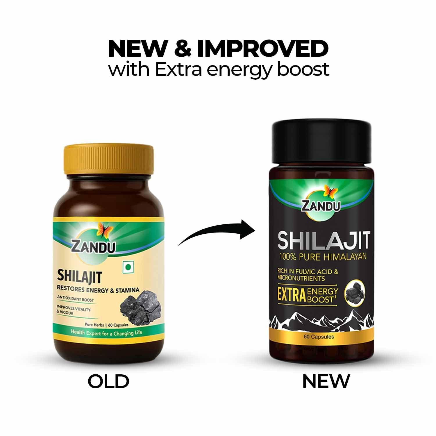 Comparison of an old and new Zandu Shilajit supplement bottle on a white background.
