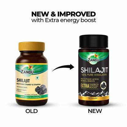 Comparison of an old and new Zandu Shilajit supplement bottle on a white background.