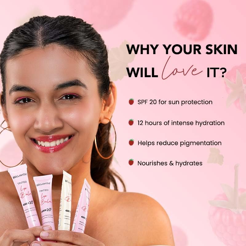 Woman holding skincare products with text on a pink background