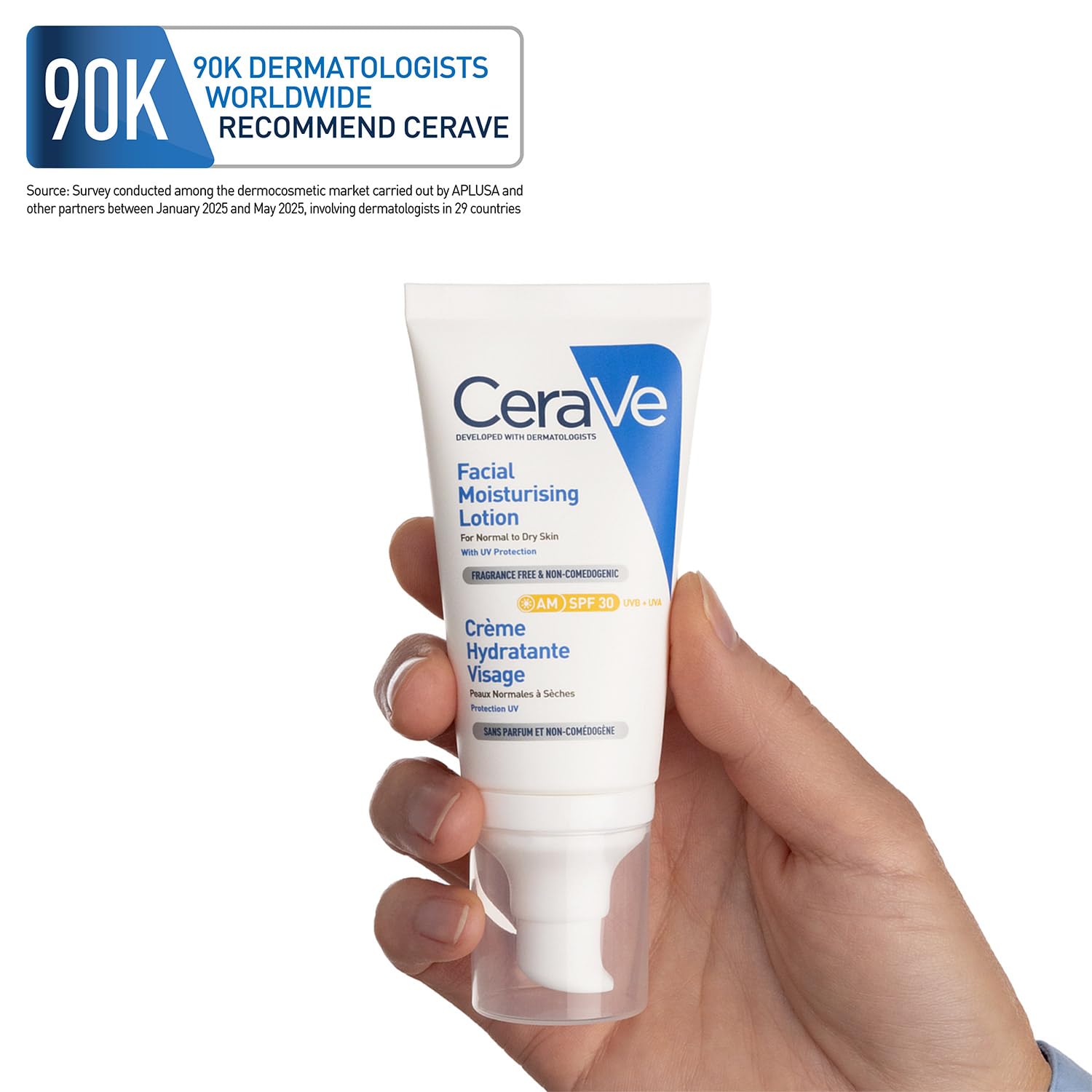 CeraVe facial moisturizing lotion held in a hand with a white background