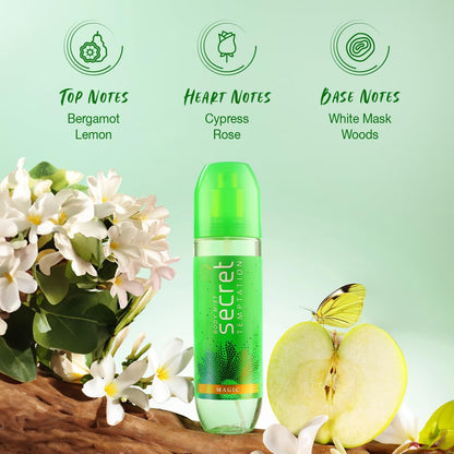 Green bottle with floral and fruit elements on a light green background