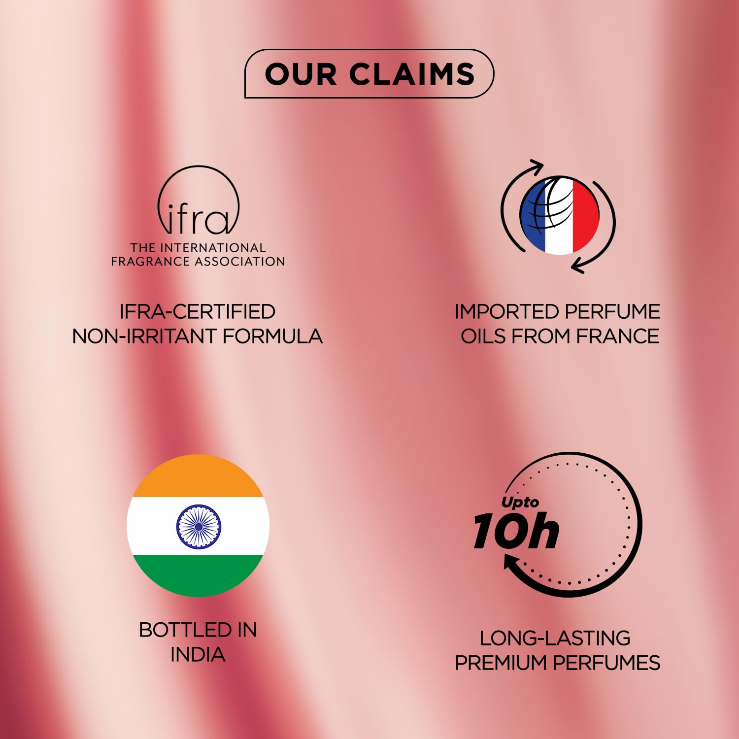 Promotional graphic with claims about perfume quality and origin on a pink background