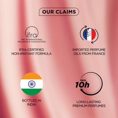 Promotional graphic with claims about perfume quality and origin on a pink background