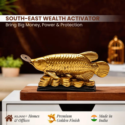 Plus Value Feng Shui Golden Arowana Fish Statue Showpiece with Coin in Mouth Wealth Symbol, Protects Mishaps, Troubles Vastu Products Home & Office Decor Decoration Gifting (Fiber)