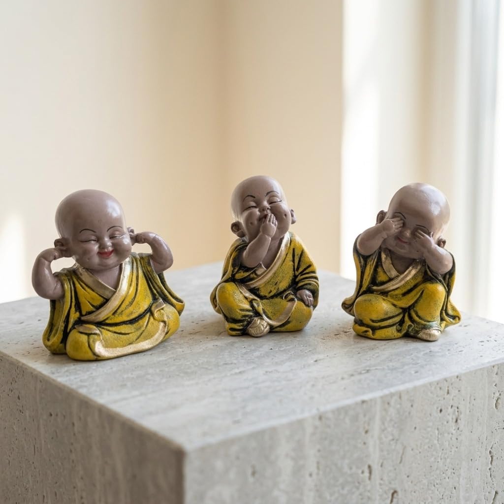 eCraftIndia Resin Yellow Think No Evil Speak No Evil Hear No Evil Set of 3 Cute Little Monk Buddha Statues Decorative Showpieces for Car Dashboard Home Office Desk Decor Gift Purpose