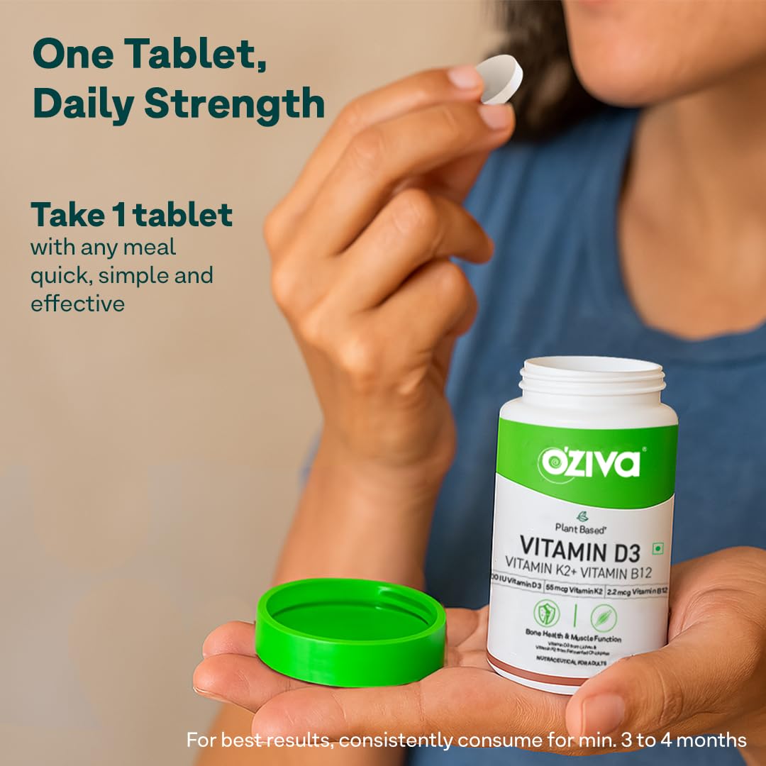 OZiva Vitamin D3, K2 & B12 | With Vitamin D3 For Stronger Bones, K2 (MK7) for Bone Density & B12 for Muscle Growth & Recovery - 90 Tablets