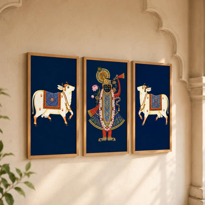Set of 3 Shrinathji Cow Pichwai Wall Paintings with Sparkle Laminate, Premium Wooden Synthetic Frame, Krishna Religious Art for Living Room Pooja Decor