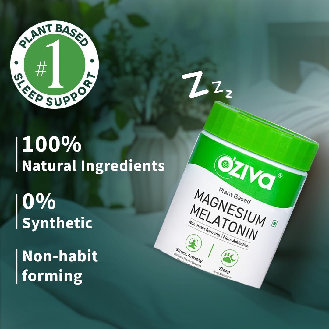Oziva Magnesium Melatonin For Stress, Anxiety & Sleep | With Bacopa Monnieri Extract | Non-Addictive, Non-Habit Forming | 60 Vegetarian Tablets
